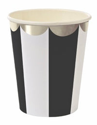 Black and white stripe cups with gold scallop details at rim. Pack of eight paper party cups.