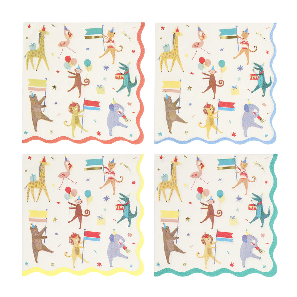 Four identical animal parade print napkins with different boarder colors in red blue yellow and green featuring strutting animals wearing party hats