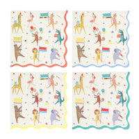 Four identical animal parade print napkins with different boarder colors in red blue yellow and green featuring strutting animals wearing party hats