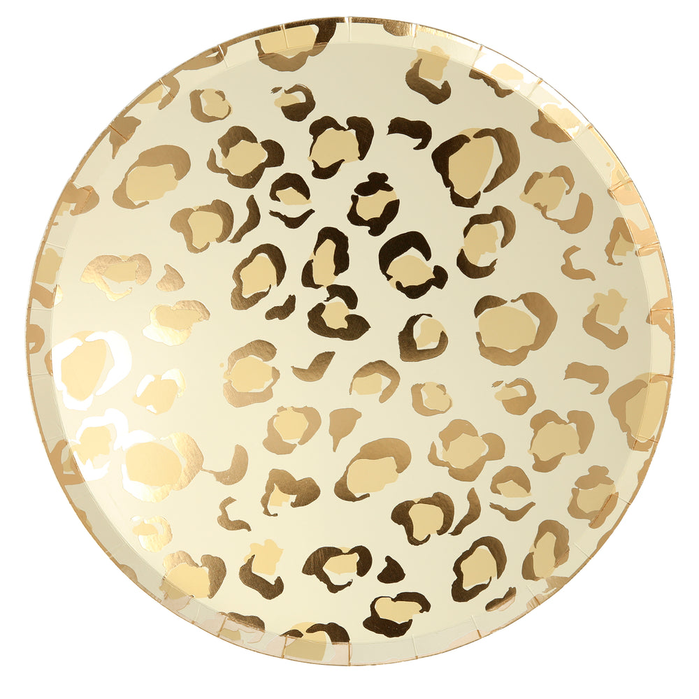 Cheetah animal print dinner plates in a creme color palette and gold foil details. Pack of 8 plates in 4 different animal prints