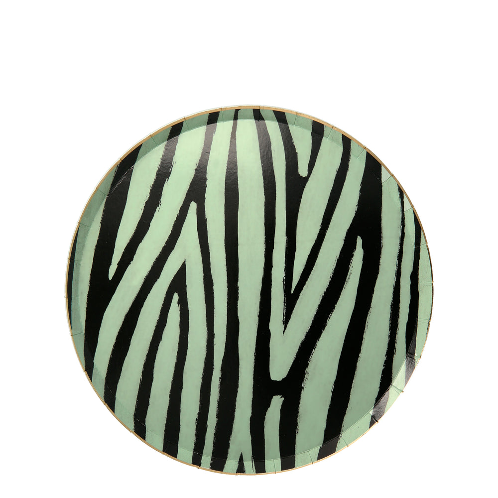 Zebra print plates in mint green with black zebra stripes. Pack of 8 plates in 4 different animal prints.