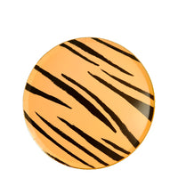 Tiger print appetizer plates, orange with black stripes. Pack of 8 in 4 different animal prints.