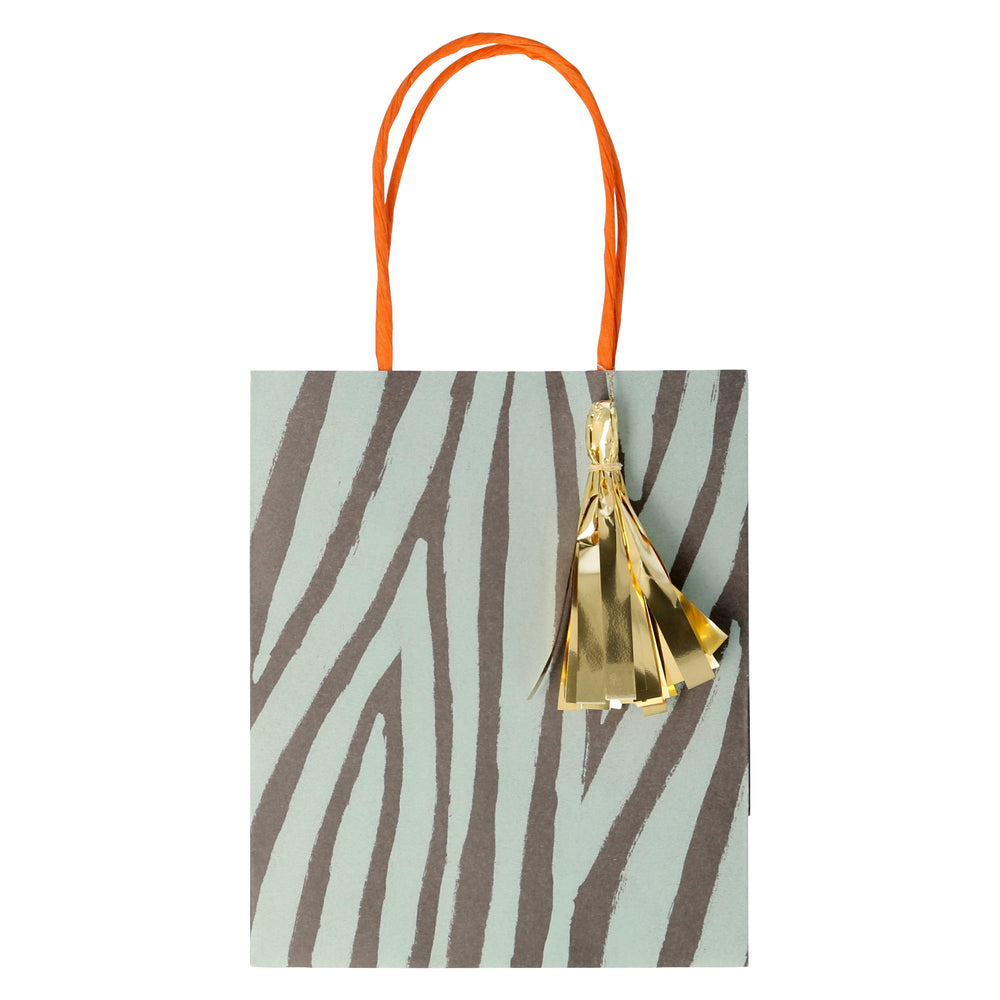 Zebra print inn mint green and black stripes party bag with a gold Mylar tassel. Pack of 8 in 4 designs
