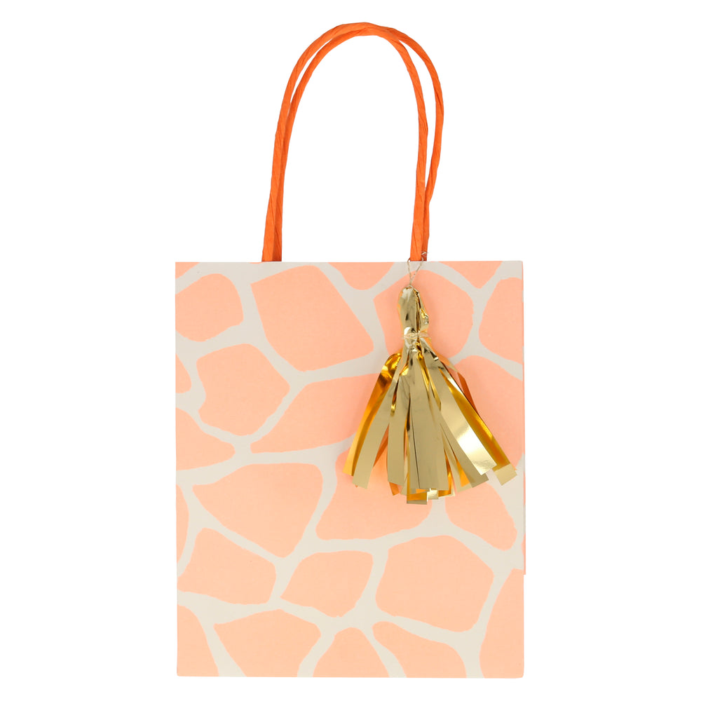 Giraffe print party bag with a gold mylar tassel. Pack of 8 in 4 designs