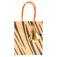 Tiger print party bag with a twisted handle and shiny gold tassel. Pack of 8 in 4 designs