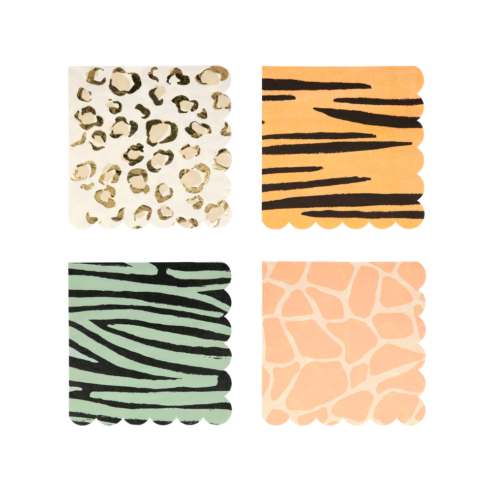 Assorted animal print paper party napkins with a scalloped edge. Pack of 16 in 4 designs.