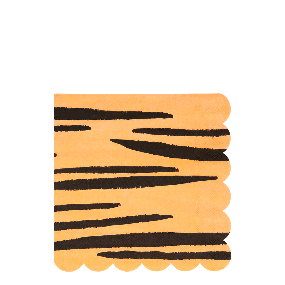 Tiger print paper party napkins in orange with black stripes. Pack of 16 napkins in 4 assorted animal prints