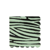 Zebra print napkins in mint color with stripes in black brush strokes and a scalloped edge. Lunch size paper napkins