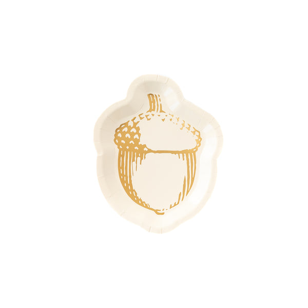 Crème acorn shaped plate with high quality gold foil embossed details . Pack of eight plates