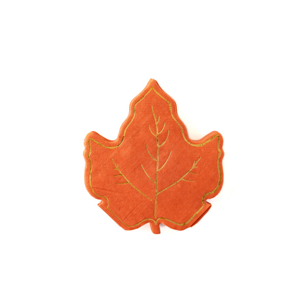  paper napkins die-cut into the shape of a maple leaf . Dark orange with embossed leaf details in a shiny gold foil. Perfect for desert and beverage service.