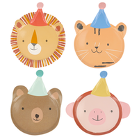 Four illustrations of cute animal head paper party plates, assorted package of eight in four designs including a lion, tiger, bear and monkey all wearing party hats. Great for a circus theme party for baby, toddler and children of all ages.