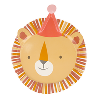 Cute lion head shaped paper plate with a shades of brown for the lion mane and a red party hat with a pink pom-pom. One of four animals in the package of eight plates. Set includes bear,lion, tiger and monkey. Part of the Animal Parade collection.