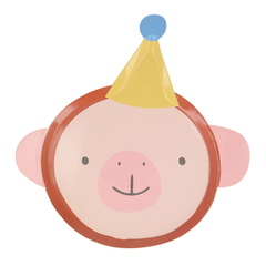 Cute monkey head shaped paper plate with a yellow party hat with a blue pom-pom. One of four animals in the package of eight plates. Set includes bear,lion, tiger and monkey. Part of the Animal Parade collection.