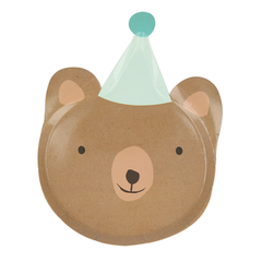 Brown bear-shaped paper plate with a green party hat. One of four animals in the package of eight plates. Set includes bear,  lion, tiger and monkey. Part of the Animal Parade collection.