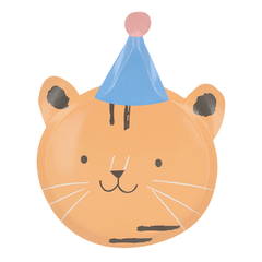 Cute tiger head with party hat paper party plate, orange with black highlights ad white whiskers. The tiger is one of four animal designs included in the package of eight plates.