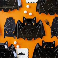 Black paper party plates and napkins in the shape of a BAT. Bat plates have wings open and the bat napkins have wings closed, pack of twenty four napkins