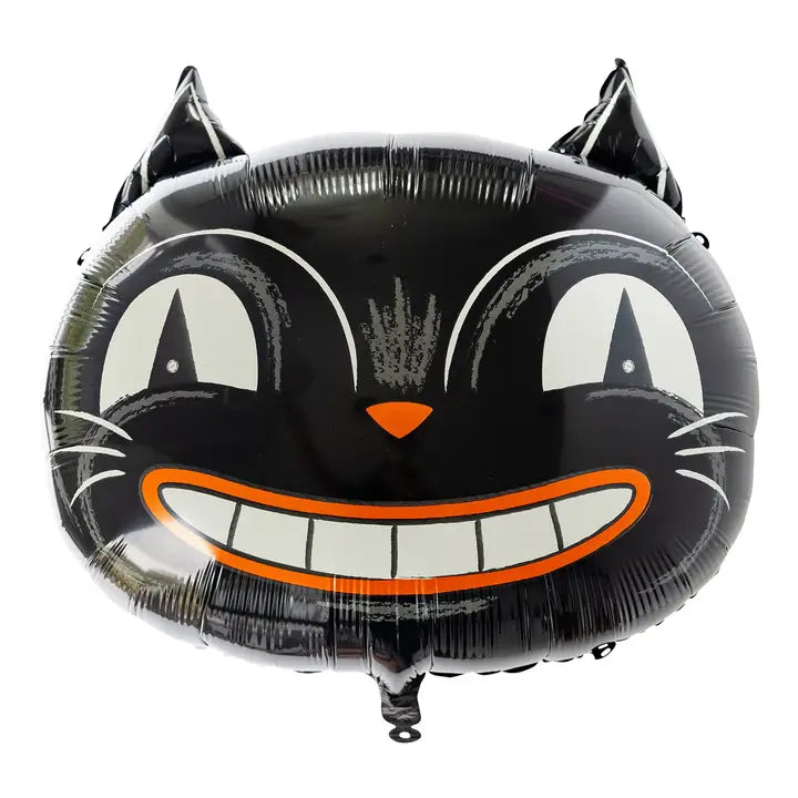 Vintage style black cat balloon with big eyes and smile, balloon is made of Mylar in a high gloss black finish.