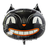 Vintage style black cat balloon with big eyes and smile, balloon is made of Mylar in a high gloss black finish.