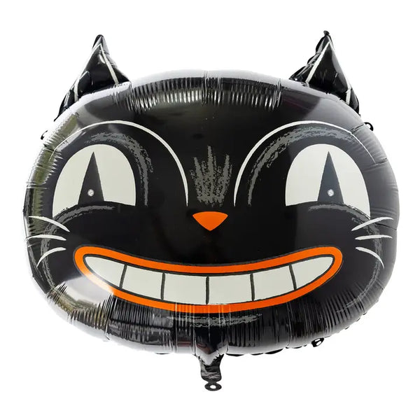 Vintage style black cat balloon with big eyes and smile, balloon is made of Mylar in a high gloss black finish.