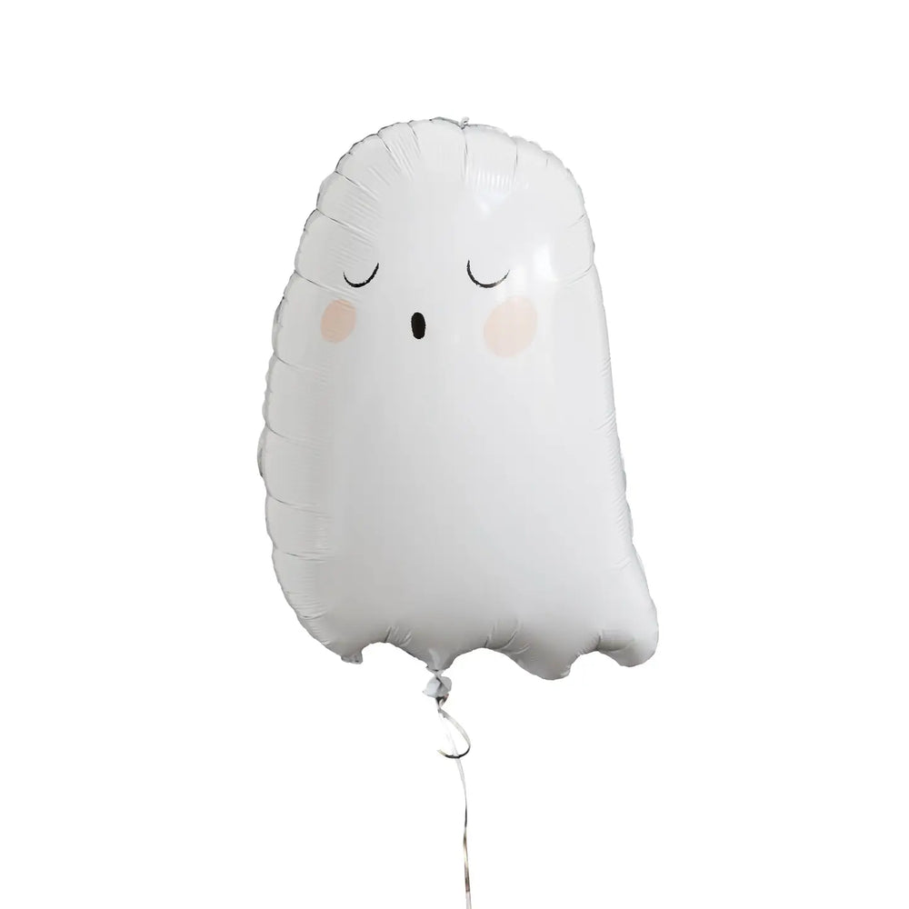 Ghost balloon made of Mylar material with sleepy eyes and pink rosy cheeks