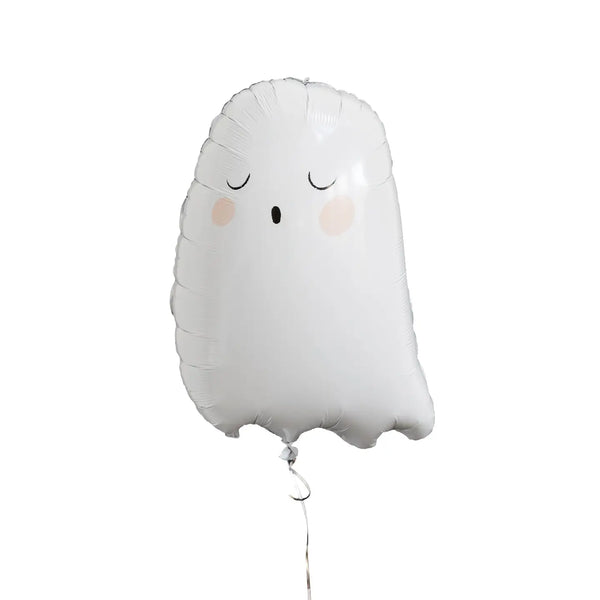 Ghost balloon made of Mylar material with sleepy eyes and pink rosy cheeks