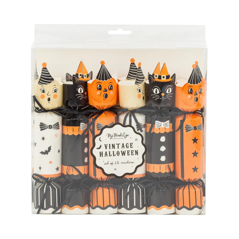 Vintage inspired Halloween party crackers in a package of twelve pieces, four black cats, four jack o’lanterns and four man in the moon.