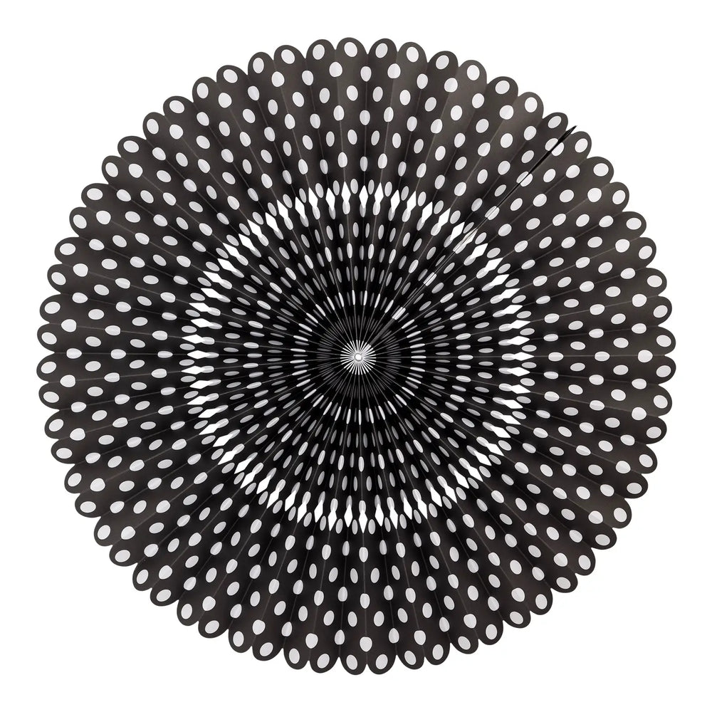 Seventeen inch diameter black paper party fan printed with white polkadots and a scalloped edge. 