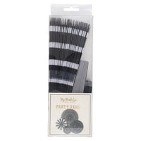 Clear plastic container with a set of four black and white themed paper party fans.