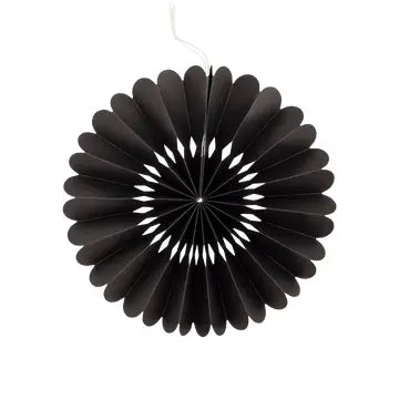Solid black paper party fan with a scalloped edge, eight inches diameter.