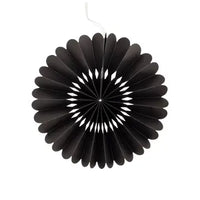 Solid black paper party fan with a scalloped edge, eight inches diameter.