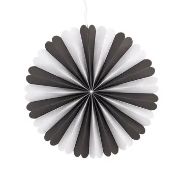 Black and white stripe paper party fan with a scalloped edge, eleven inches diameter.