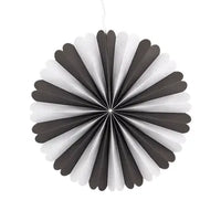 Black and white stripe paper party fan with a scalloped edge, eleven inches diameter.