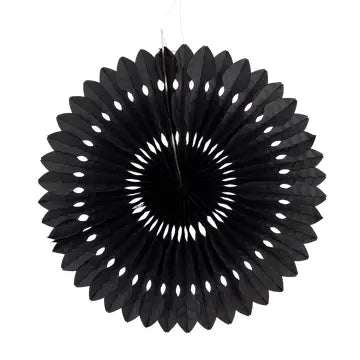 Solid black paper party fan with die-cut perforations and scalloped edge, 14 inches in diameter.