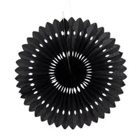 Solid black paper party fan with die-cut perforations and scalloped edge, 14 inches in diameter.