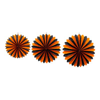 Large size tissue paper fans printed in classic black and orange for Halloween celebrations. Set includes twenty, eighteen and fifteen inches diameter.