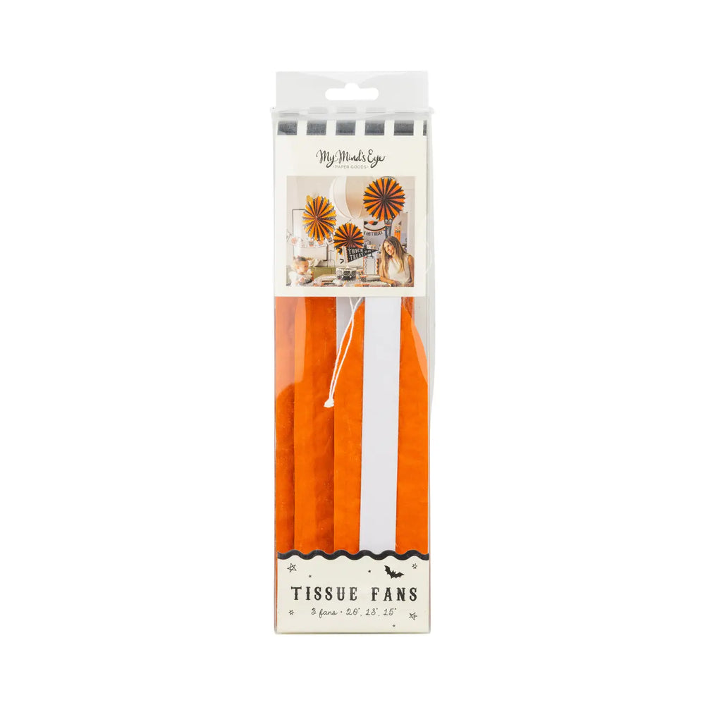 Clear plastic package including folded tissue paper fans, includes set of three orange and black fans. Twenty, eighteen and fifteen inches.
