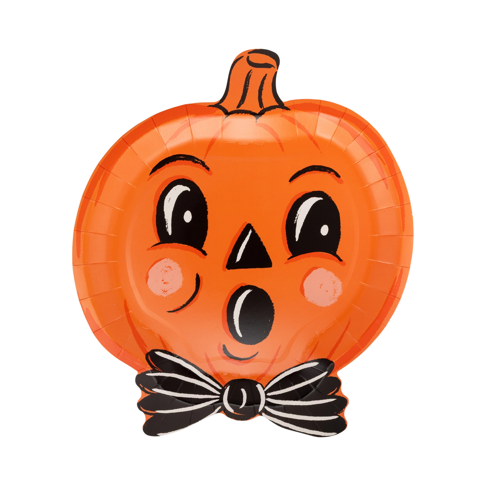 jack-o-lantern paper party plate in the shape of a pumpkin including a stem, rosy round cheeks, pumpkin wearing a bow tie. Set of eight per package.