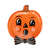 jack-o-lantern paper party plate in the shape of a pumpkin including a stem, rosy round cheeks, pumpkin wearing a bow tie. Set of eight per package.