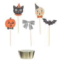 Vintage inspired Halloween characters on picks for decorating cupcakes, assorted set includes a orange pumpkin, black cat, moon, black bat, black and white stripe bow and a gold foil cupcake cup.