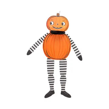 A Halloween-style character decoration or doll with a large orange pumpkin head, a smaller orange pumpkin torso, black-and-white striped arms and legs, and black shoes, shown on a plain white background.