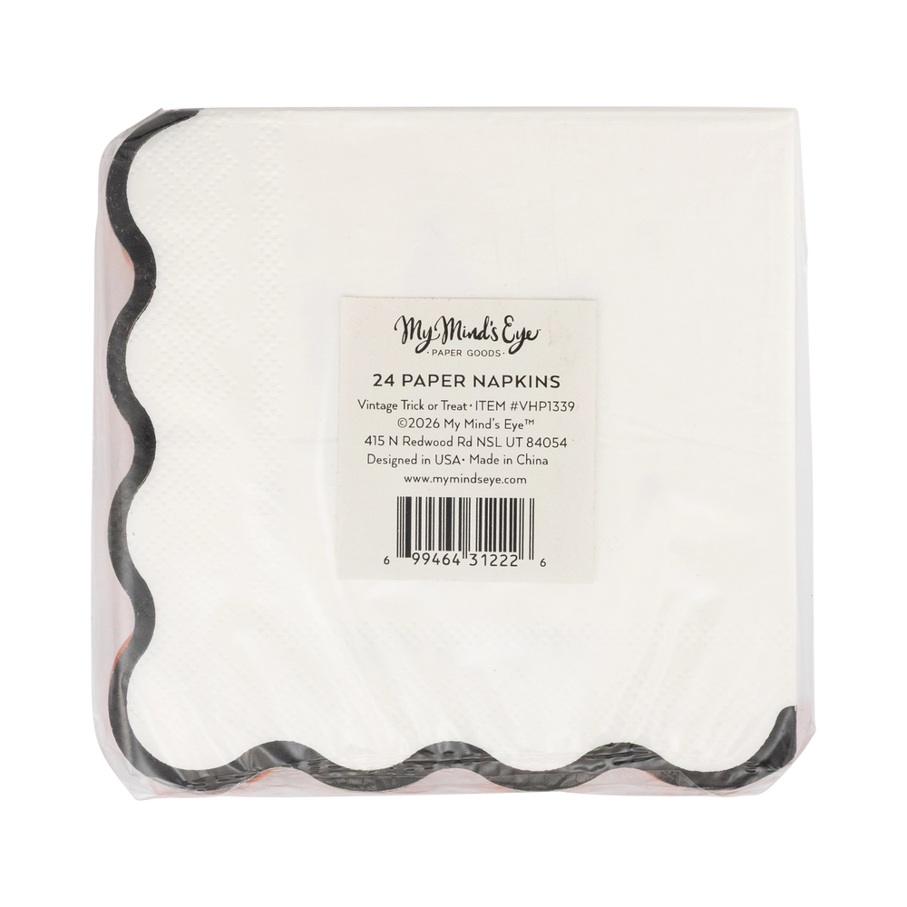 A package of 24 paper napkins by MyMaid's Eye, featuring a white napkin with a black scalloped edge, wrapped in clear plastic with a central product label.