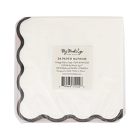 A package of 24 paper napkins by MyMaid's Eye, featuring a white napkin with a black scalloped edge, wrapped in clear plastic with a central product label.