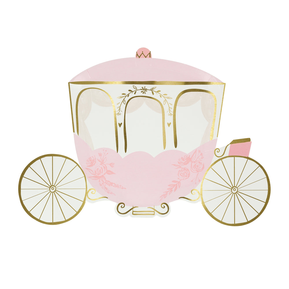 Princess carriage paper party plates white and pink with gold foil highlights and wheels. Pack of eight plates