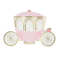 Princess carriage paper party plates white and pink with gold foil highlights and wheels. Pack of eight plates