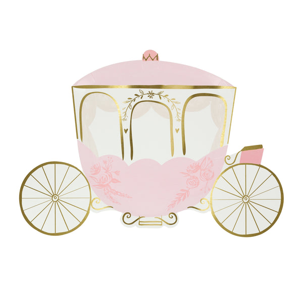 Princess carriage paper party plates white and pink with gold foil highlights and wheels. Pack of eight plates