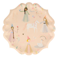 Charming princess plates featuring four beautifully illustrated princess’s , swan , unicorn, bird & butterflies and enhanced with gold foil details 