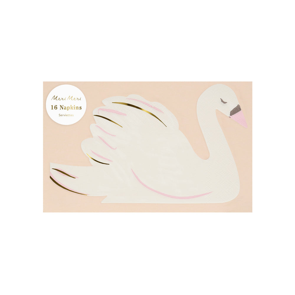 Swan-shaped napkins packaged on a pink background with 'Meri Meri' branding, pack of sixteen napkins.