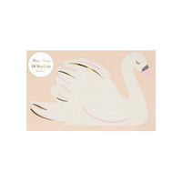 Swan-shaped napkins packaged on a pink background with 'Meri Meri' branding, pack of sixteen napkins.