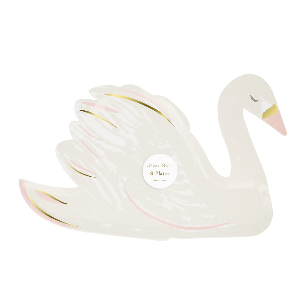 Swan shape plate with soft pink and gold foil highlights in a package of eight plates with Meri Meri brand logo on clear cellophane packaging.