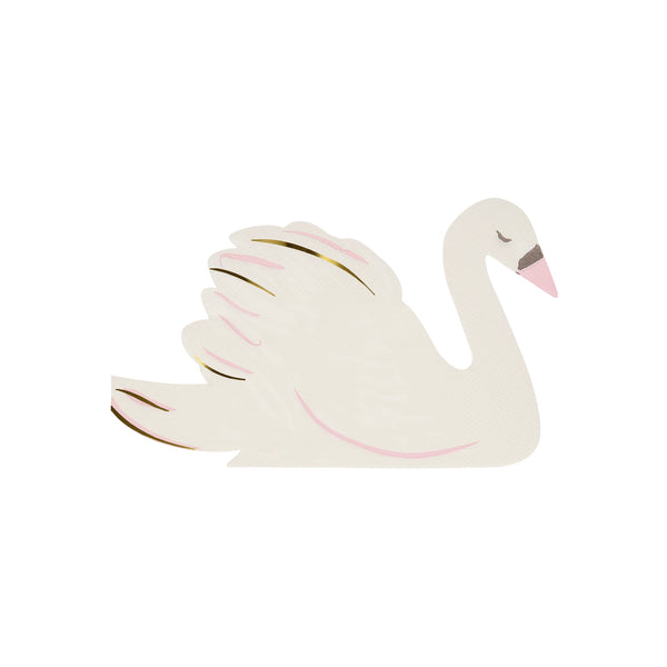 A stylized white swan paper napkins with gold foil accents and a pink beak 